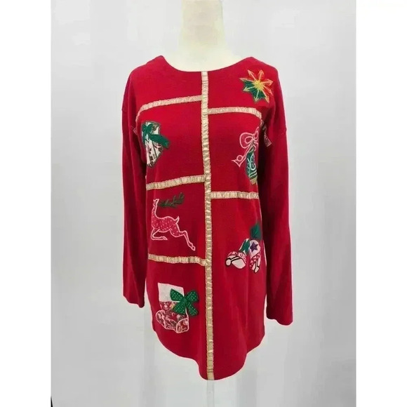 Chrysantheme Tops - Chrysantheme Women's S Red Christmas Ornament Holiday Long Sleeve Shirt